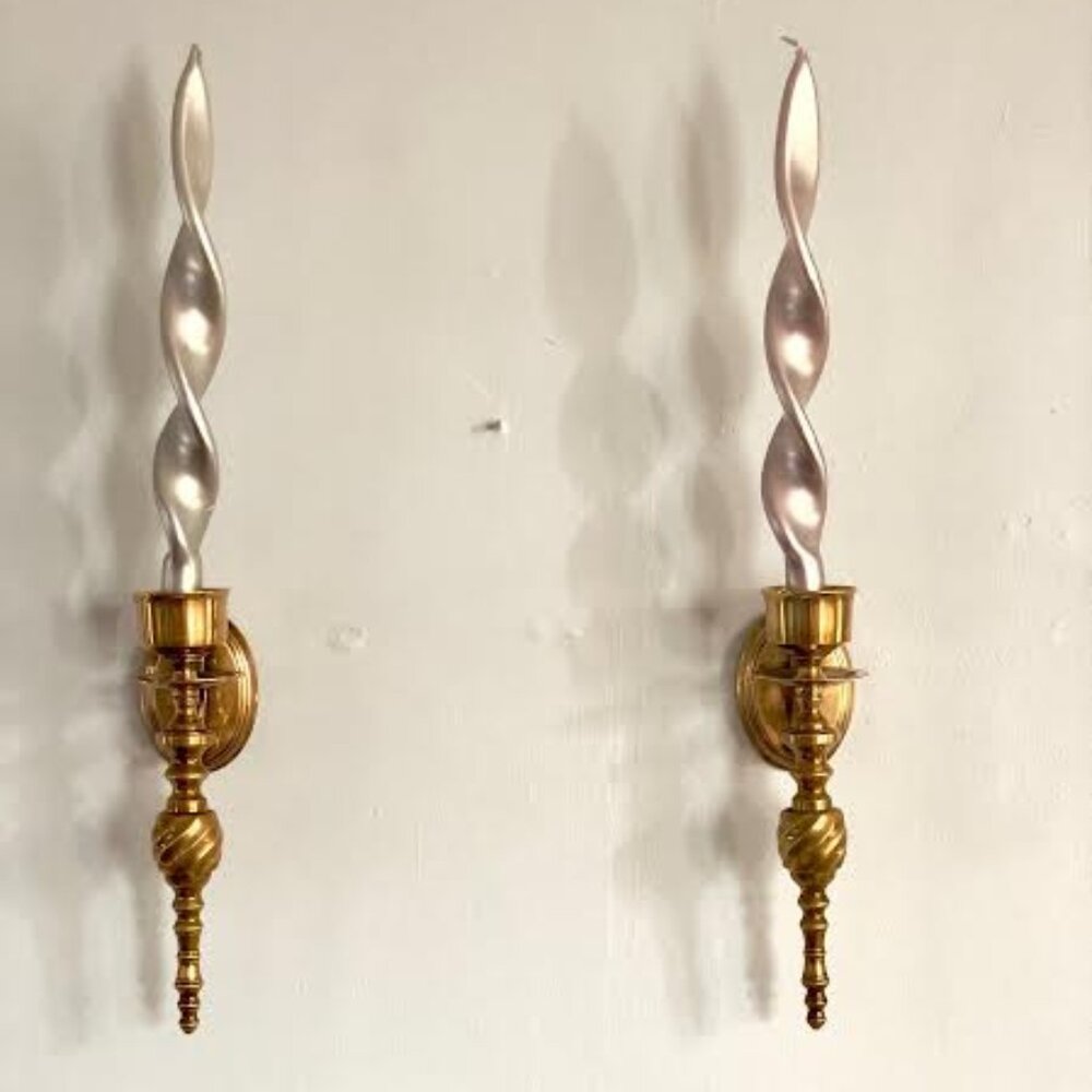 Pair of Vintage Gold Brass Wall Sconce  Candle Holder, Taper Candle Wall Decor - Picture 2 of 14